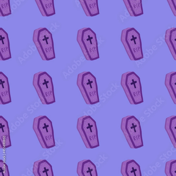 Fototapeta Cute violet coffin vector halloween seamless pattern on a violet background