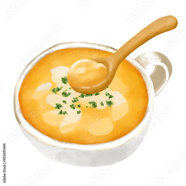 Obraz 水彩イラスト　オニオンスープ(コンソメスープ)と木のスプーン
