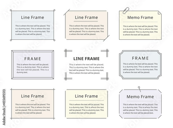 Fototapeta シンプルなフレームのイラストセット。テキスト背景　見出し　メッセージ（線画、カラフル、パステル）