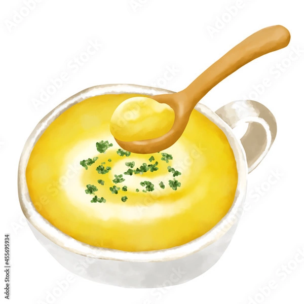 Fototapeta 水彩イラスト　コーンスープ(コーンポタージュ)と木のスプーン

