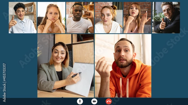 Fototapeta Online dispute. Team working by group video call share ideas brainstorming use video conference. Collage