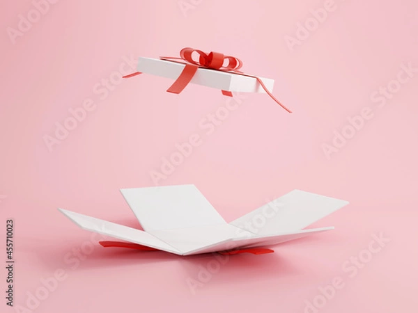 Fototapeta Open gift box with red ribbon over pink background. Happy birthday, Merry Christmas, New Year, Wedding or Valentine Day concept. 3D rendering illustrations.