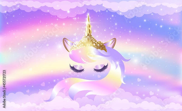 Fototapeta Face of a unicorn with closed eyes with stars.