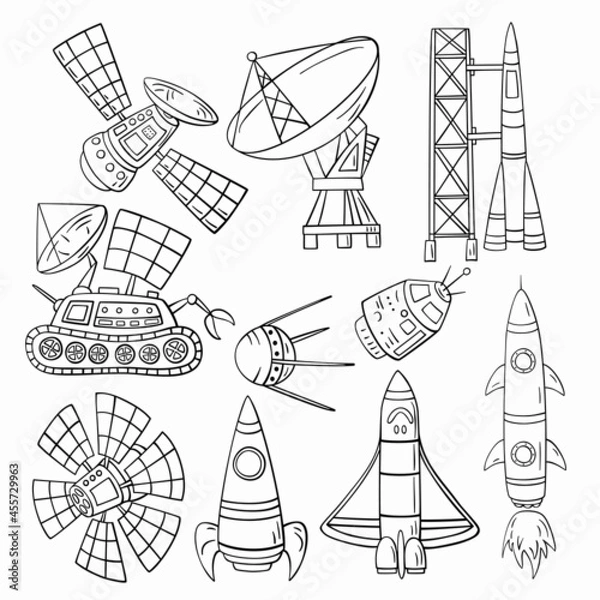 Obraz Set of hand-drawn doodle space object, starship, rocket and symbols. 
