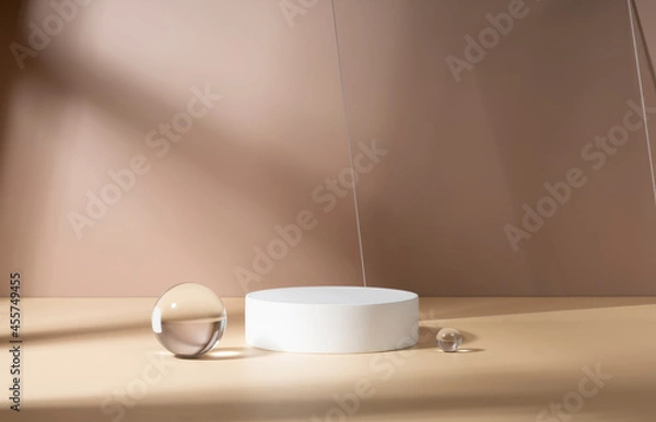 Fototapeta Skincare and cosmetic product showcase stand photography for online marketing include crystal ball and white stand on beige background