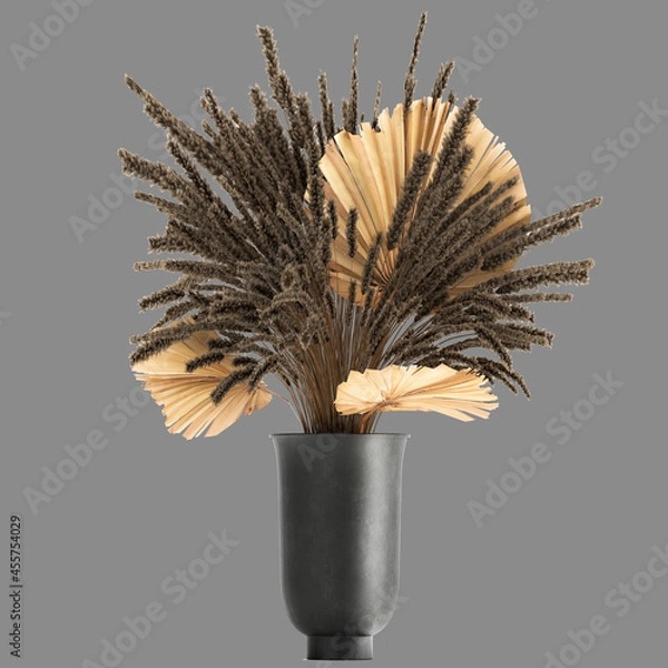 Fototapeta bouquet of dried flowers in a vase with reeds on a white background