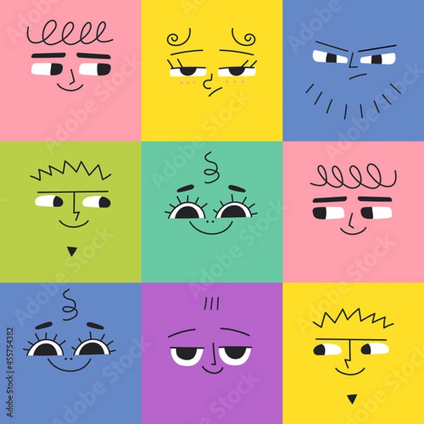 Fototapeta Seamless pattern with square funny characters with differents face emotions. Colorful modern vector illustration with shapes happy sad angry smiley faces for children.