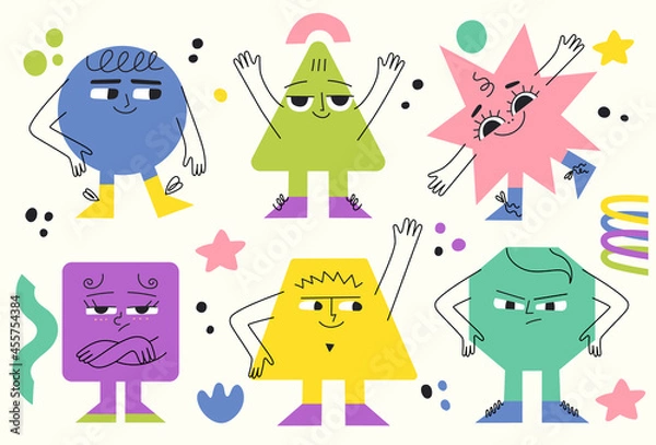 Fototapeta Colorful geometric basic shapes with different emotions. Funny characters. Modern various figures with happy sad angry smiley faces for children education.