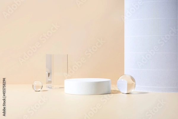 Obraz Cosmetic product showcase stand photography for online marketing include crystal ball and white stand on beige background
