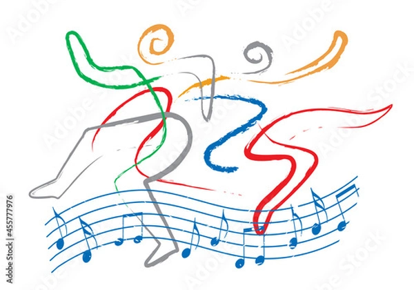 Obraz  Lively dancing people, folk dance symbol  with music notes.
 Expressive, abstract  stylized illustration of dancing couple. Isolated on white background. Vector available.