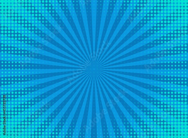 Fototapeta Pop art comic pattern. Halftone background. Blue dotted print. Cartoon vintage texture. Geometric duotone banner with half tone effect. Funny superhero backdrop. Gradient design. Vector illustration