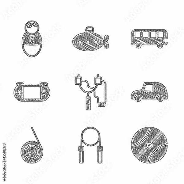 Fototapeta Set Slingshot, Jump rope, Basketball ball, Toy car, Yoyo toy, Portable video game console, Bus and Tumbler doll icon. Vector
