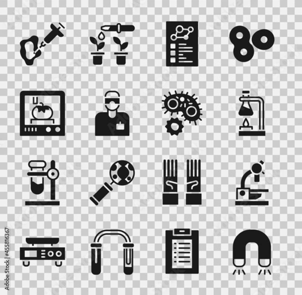 Fototapeta Set Magnet, Microscope, Test tube flask on fire, Clinical record, Laboratory assistant, 3D printing technology, Syringe and Virus icon. Vector