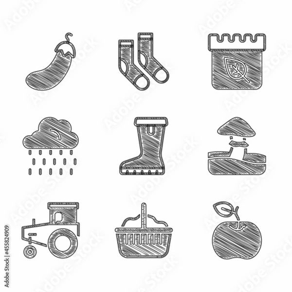 Fototapeta Set Waterproof rubber boot, Basket, Apple, Mushroom, Tractor, Cloud with rain, Calendar autumn leaves and Eggplant icon. Vector