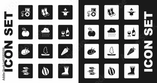 Fototapeta Set Scarecrow, Cloud with rain, Apple, Tractor, Wine bottle glass, Socks, Carrot and Roasted turkey chicken icon. Vector