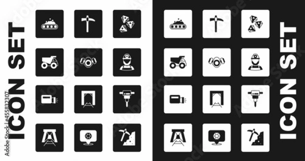 Fototapeta Set Gem stone, Gas mask, Mining dump truck, Conveyor belt carrying coal, Miner helmet, Pickaxe, Construction jackhammer and Flashlight icon. Vector