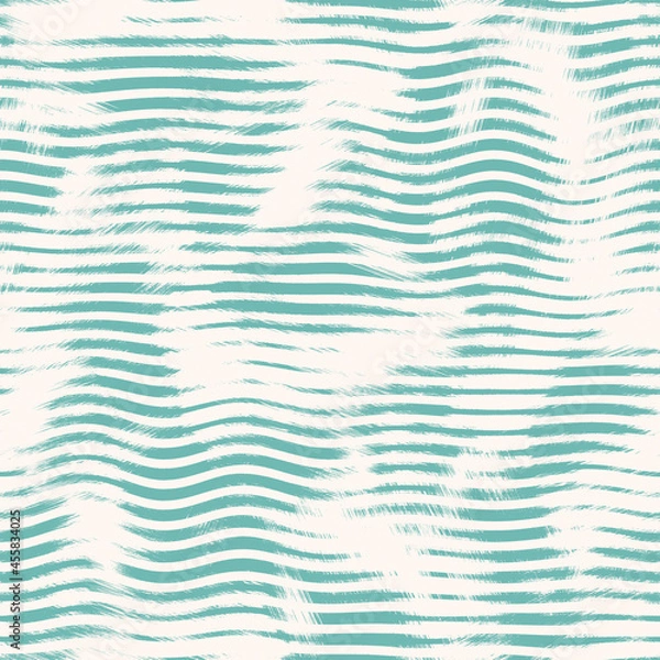 Obraz Aegean teal broken stripe seamless background with grunge wave texture. Summer coastal living style rustic grunge home decor fabric . Turquoise dyed washed and weathered textile repeat pattern.