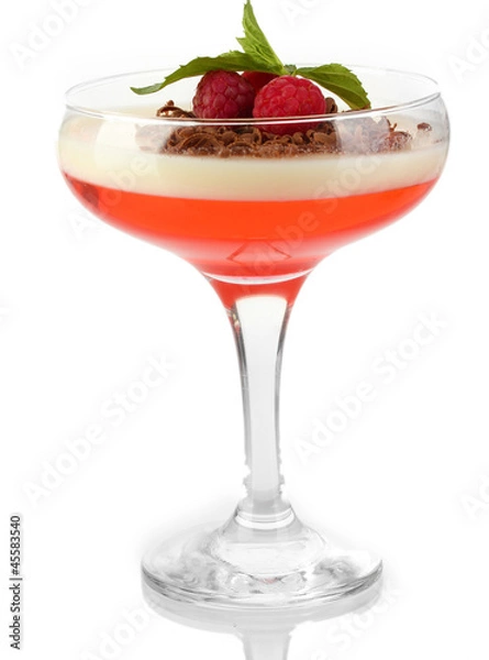 Fototapeta fruit jelly with chocolate and raspberries in glass isolated
