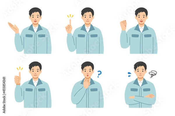 Obraz 作業着の若い男性　表情パターンセット
