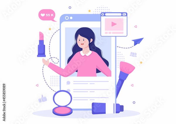 Obraz Beauty Blogger Content Creator Background of Recording Makeup Tutorial Video and Showing Cosmetic Products Vector Illustration
