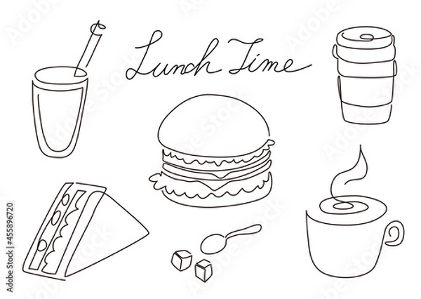 Obraz 一筆書き　コーヒーとハンバーガーとサンドイッチ（白黒、モノクロ）