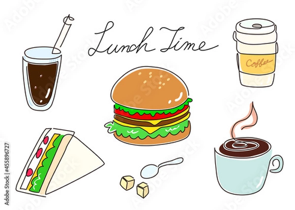Obraz 一筆書き　コーヒーとハンバーガーとサンドイッチ（カラー）