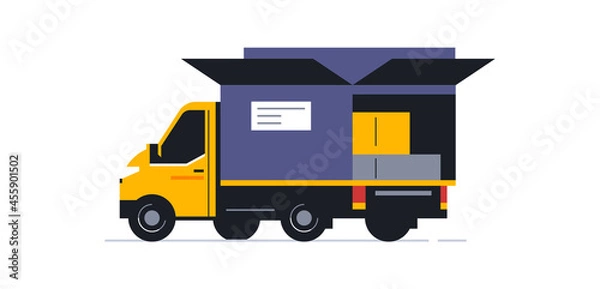 Fototapeta Truck for online home delivery service. Transport for delivery of orders. Truck back side, open body with parcels and boxes. Open box. Vector illustration isolated on white background.