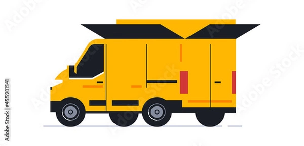 Fototapeta A van for an online home delivery service. Transport for delivery of orders. The van is a rear view and a half-turn, the body is in the form of an open box. Vector illustration.