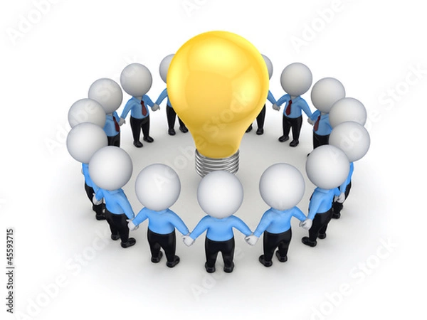 Obraz 3d small people around yellow bulb.