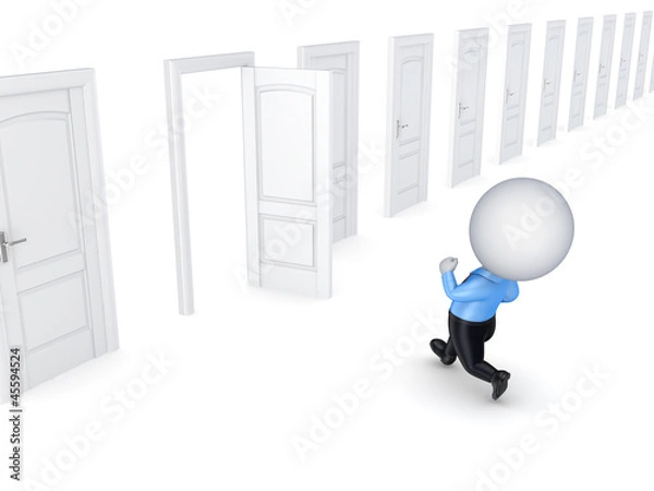 Obraz 3d small person running through opened door.