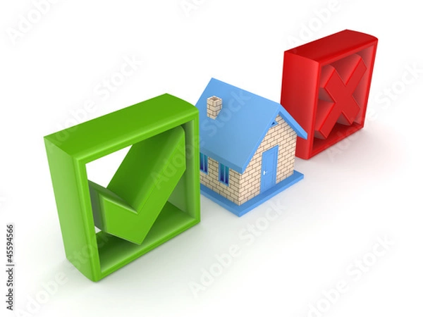 Obraz Small house between tick and cross mark.