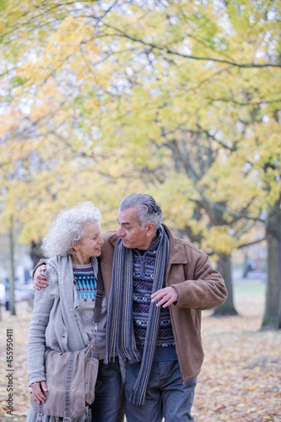 Fototapeta Affectionate couple hugging, walking among trees and leaves in autumn park