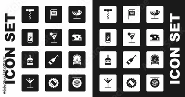 Fototapeta Set Cocktail, Martini glass, Effervescent tablets water, Wine corkscrew, Cheese, Street signboard with Pub, Wooden barrel on rack and Alcohol drink Rum bottle icon. Vector