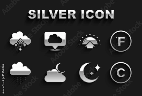 Fototapeta Set Cloud with moon, Fahrenheit, Celsius, Moon and stars, rain, Sunrise, snow and Location cloud icon. Vector