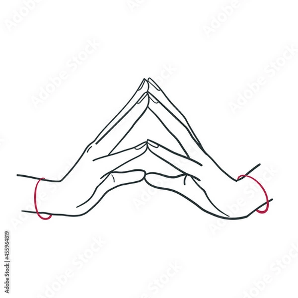 Fototapeta Hands mudras with red threads, symbol, vector linear illustration