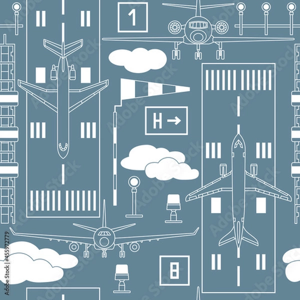 Fototapeta seamless pattern with passenger airplanes on the runway strip on gray background