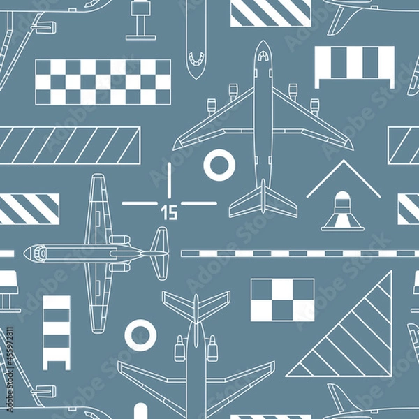 Fototapeta seamless pattern with airplanes and aerodrome signs on gray background