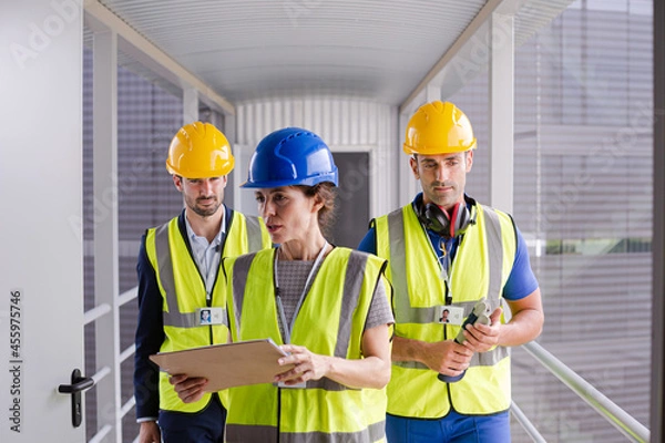 Fototapeta Supervisors and worker with clipboard in factory