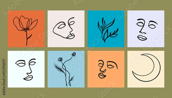 Obraz Set of simple one line magic illustration with women faces, moon and flower.