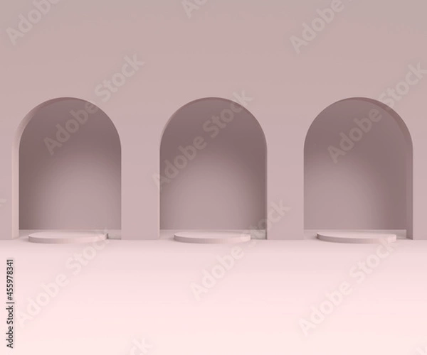 Fototapeta Scene with minimal background, arch with a podium, 3d rendering
