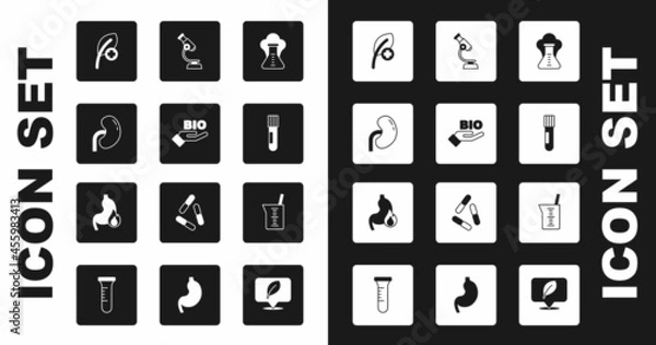 Fototapeta Set Chemical explosion, Bio healthy food, Human kidney, Leaf or leaves, Test tube and flask, Microscope, Laboratory glassware beaker and Stomach heartburn icon. Vector