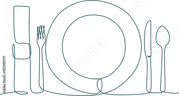 Obraz One continuous linear plate, high and fork. Vector illustration.