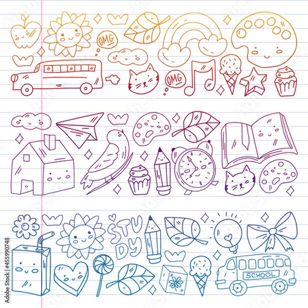 Fototapeta Vector pattern with school icons. E-learning, online education.