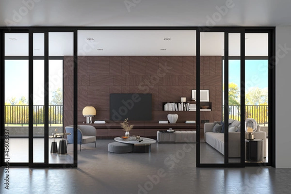 Fototapeta Illustration 3D rendering large luxury modern bright interiors Living room mockup computer digitally generated image
