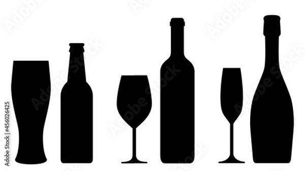 Obraz Stemware and bottles collection set. Vector isolated black elements for web, culinary infographic, brochure, restaurant presentation