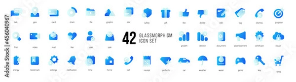 Obraz A set of blue vector icons of modern trend in the style of glass morphism with gradient, blur and transparency. The collection includes 42 icons in a single style of business, finance, UX UI