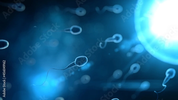 Fototapeta Sperm swim to ovum cell with 3d rendering in laboratory science concept.Go to goal is winner.