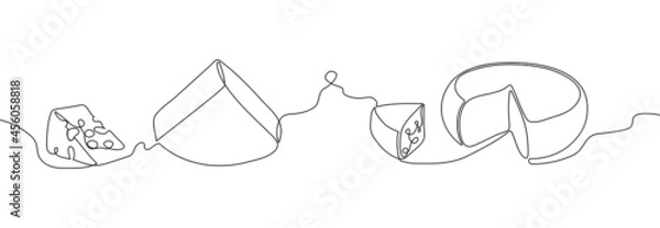Obraz Pieces of cheese continuous line drawing set. One line art of dairy produce, milk products, parmesan, gouda, mozzarella, roquefort, hard cheese, piece.