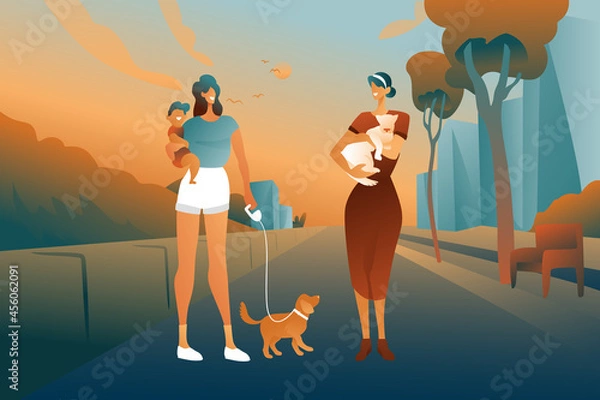 Fototapeta A meeting of characters on the street, a mother with a child in her arms with a dog and a woman with a pet are having a conversation against the background of an abstract street.