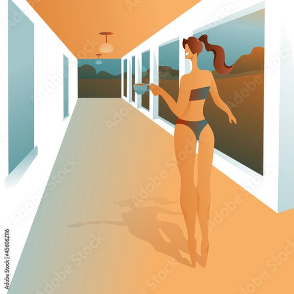 Fototapeta A slender woman with a cup of coffee on the terrace on a clear day. Pose on socks, a beautiful girl in a swimsuit. Abstract trees, bushes.